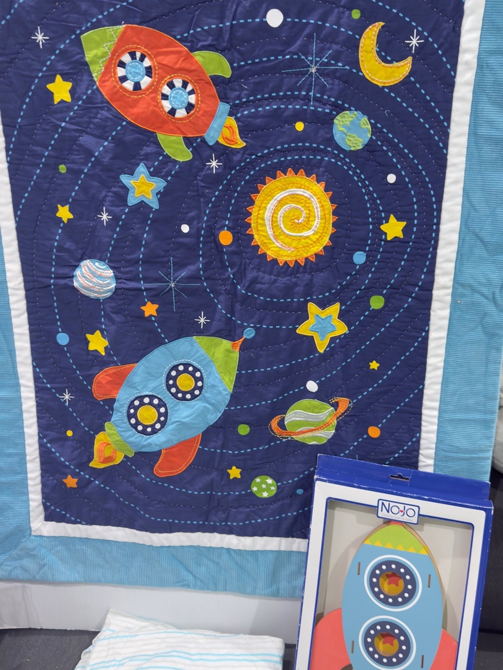 Kids Blue Rocket Space Quilt Wall Hanging by NOJO